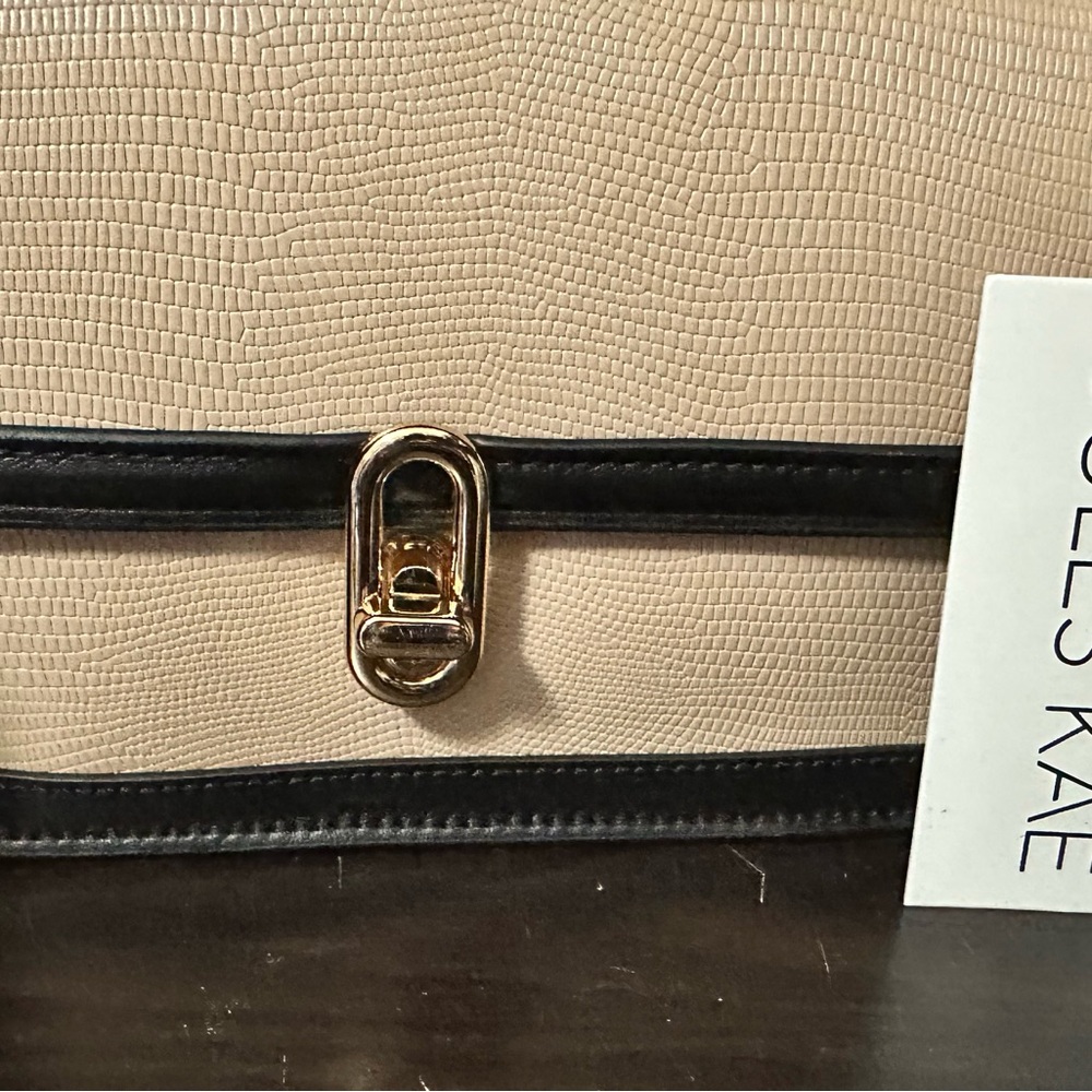 Structured Beige and Black Crossbody Bag with Gold Hardware
